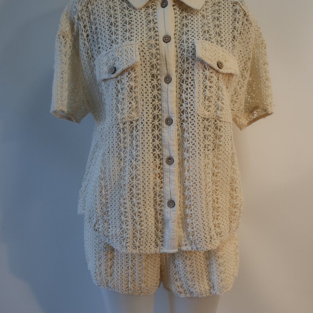 Women Benaar LA Jeiley Cream 2Pc Set Crochet Gauzy Contrast Collared Top Short M - Picture 9 of 13